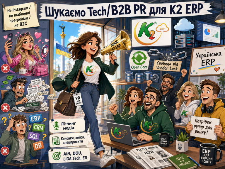 Чому Шукаємо B2B Tech PR-менеджера, який допоможе нам “поховати” 1С/BAS в Україні вигідно з K2 ERP: Шукаємо B2B Tech PR-менеджера, який допо